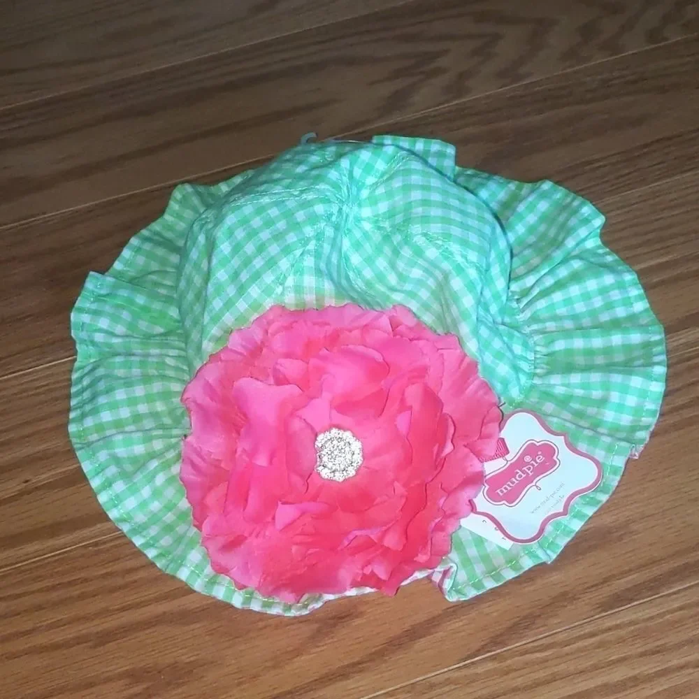 Mud Pie pink green gingham flower sunhat Sz 12m-2T
